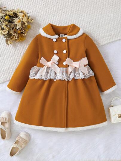 Baby Girl Contrast Lace Ruffle Trim Double Breasted Bow Front Peter Pan Collar Double Button Overcoat