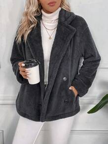 SHEIN LUNE Lapel Neck Double Breasted Teddy Coat - Dark Grey - View 6