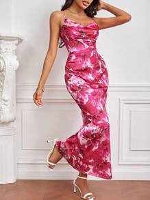 SHEIN Privé 印花垂領吊帶洋裝 - 玫紅色 - 查看 6