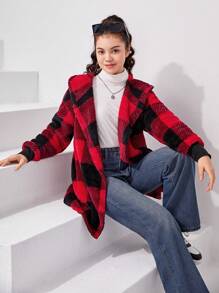 SHEIN Thiếu niên cô gái Họa tiết kẻ sọc trâu áo có mũ Áo khoác Teddy - Màu Đỏ Sâu - Xem 5
