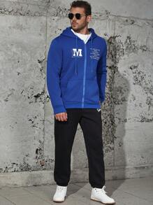 Manfinity Homme Men Plus 1pc Slogan Graphic Zip Up Drawstring Thermal Lined Hoodie - Blue - View 3