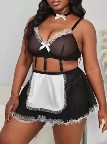 Talla grande 3 piezas Set disfraz de mucama de color combinado con lazo delantero de malla