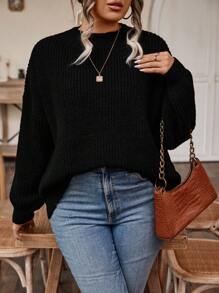 SHEIN LUNE 大碼落肩袖條紋針織套頭毛衣 - 黑色 - 查看 1