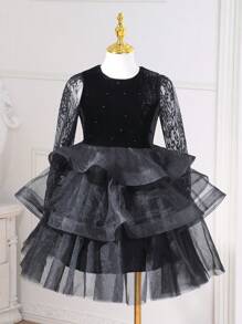 SHEIN Tween Girl Contrast Lace Mesh Overlay Party Dress - Black - View 3