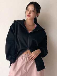 DAZY Solid Drop Shoulder Zip Up Oversized Hoodie - Black - View 5