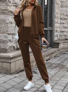 SHEIN LUNE 素色拉鏈開襟運動衫&腰部抽繩衛褲 - 鏽棕色 - 查看 1
