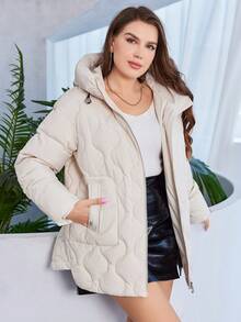 HaiLuoZi Plus Size Zip Up Hooded Quilted Padded Coat - Beige - View 5