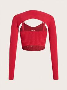 Sweetina Solid Crop Cardigan With Bolero - Red - View 3
