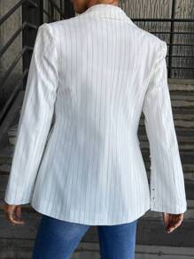 RueChic Striped Print Split Sleeve Single Breasted Blazer - White - View 3