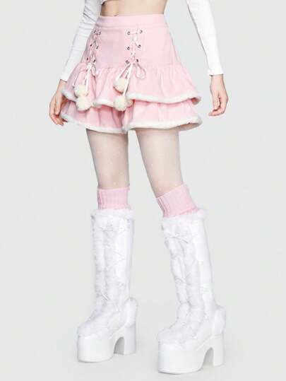 Kawaii Himekaji Lace Up Front Ruffle Trim Skirt