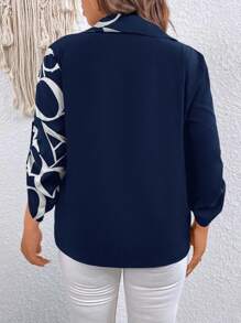 SHEIN Unity 大碼字母圖案捲邊袖襯衫 - 藏蓝色 - 查看 2