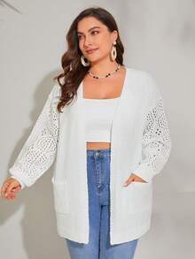 SHEIN VCAY Plus Size Drop Shoulder Mesh Embroidered Cardigan - White - View 3