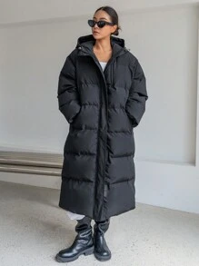 DAZY Slant Pockets Drawstring Hooded Padded Thick Pockets Coat, Women Winter Coat