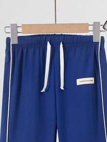 Tween Boy Letter Patched Contrast Piping Drawstring Waist Wide Leg Pants - Navy Blue - View 3