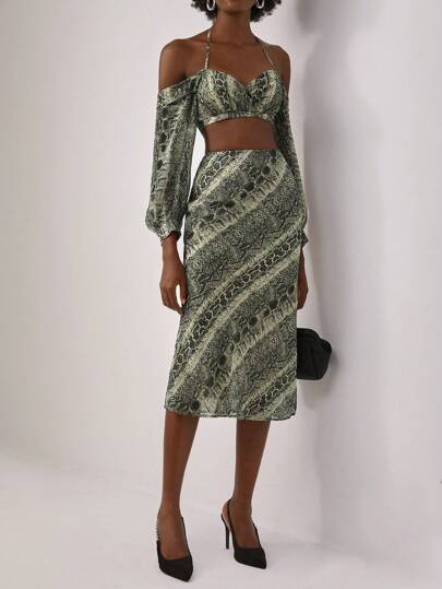 Amiko Designer med ormskinnstryck Cold Shoulder Halter Top & Kjol, Höst Kläder för Kvinnor, För Höst, Semester, Gå ut, Festival