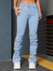 SHEIN ICON High Waist Ruched Raw Hem Stacked Jeans - Light Wash - View 5