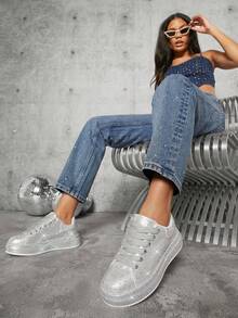 Rhinestone Lace Up Front Skate Shoes - Silver - View 4