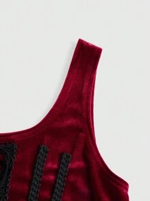 ROMWE Goth 前繫帶頭巾下擺絲絨背心上衣 - 酒紅色 - 查看 3