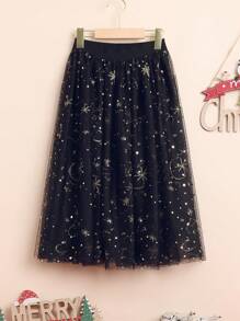 SHEIN Tween Girl Gold Star Print Mesh Overlay Skirt - Black - View 1