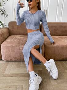 SHEIN EZwear 素色短款T恤&高衩半身裙 - 藍色 - 查看 5