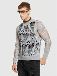 ROMWE MEN ROMWE Avant 男士鏤空針織套頭毛衣 - 灰色 - 查看 5