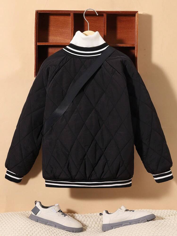 Tween Boy Letter Patched Striped Trim Bomber Quilted Coat With Bag Without Sweater