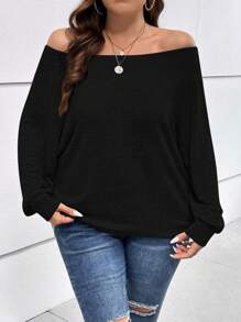 SHEIN Essnce Plus Off Shoulder Batwing Sleeve Tee - Black - View 3