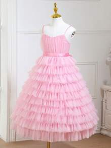 SHEIN Glamorique Kids Tween Girl Layer Mesh Hem Cami Party Dress - Pink - View 1