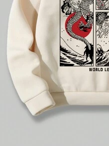 ROMWE MEN Street Life Men Letter Chinese Dragon Graphic Hoodie & Drawstring Waist Sweatpants - Khaki - View 5