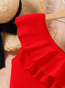 Sparklyn Tween Girl Asymmetrical Neck Ruffle Trim Crop Top,Holiday,Summer,Travel - Red - View 3