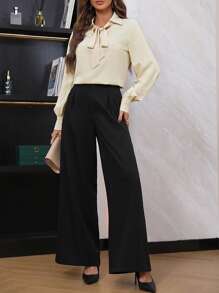 SHEIN Privé Áo sơ mi tay áo có cổ buộc dây - Màu be - Xem 4