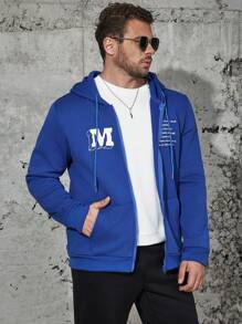 Manfinity Homme Men Plus 1pc Slogan Graphic Zip Up Drawstring Thermal Lined Hoodie - Blue - View 4
