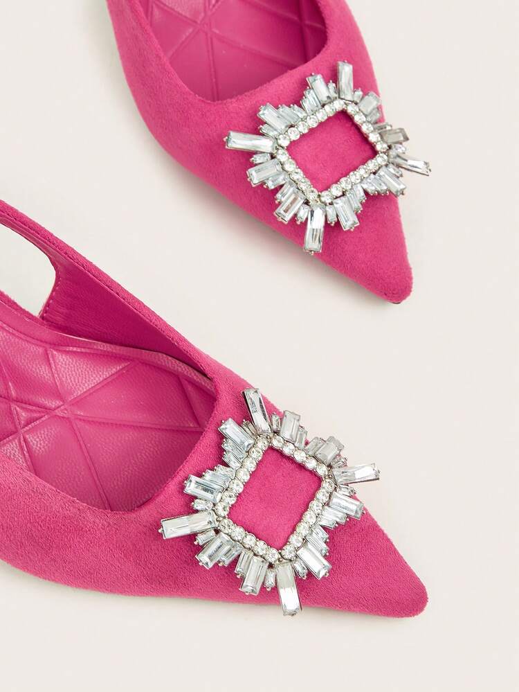Zapatos de tacón alto para mujer con punta puntiaguda, decoración de hebilla cuadrada con diamantes de imitación, tacón delgado y correa trasera, zapatos de tacón versátiles y bombas rosado fuerte - Rosa Fucsia - Añade 3