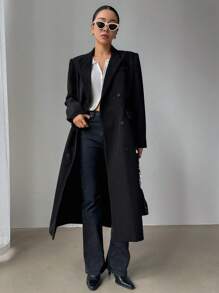 DAZY Lapel Neck Double Breasted Belted Longline Coat - Black - View 1