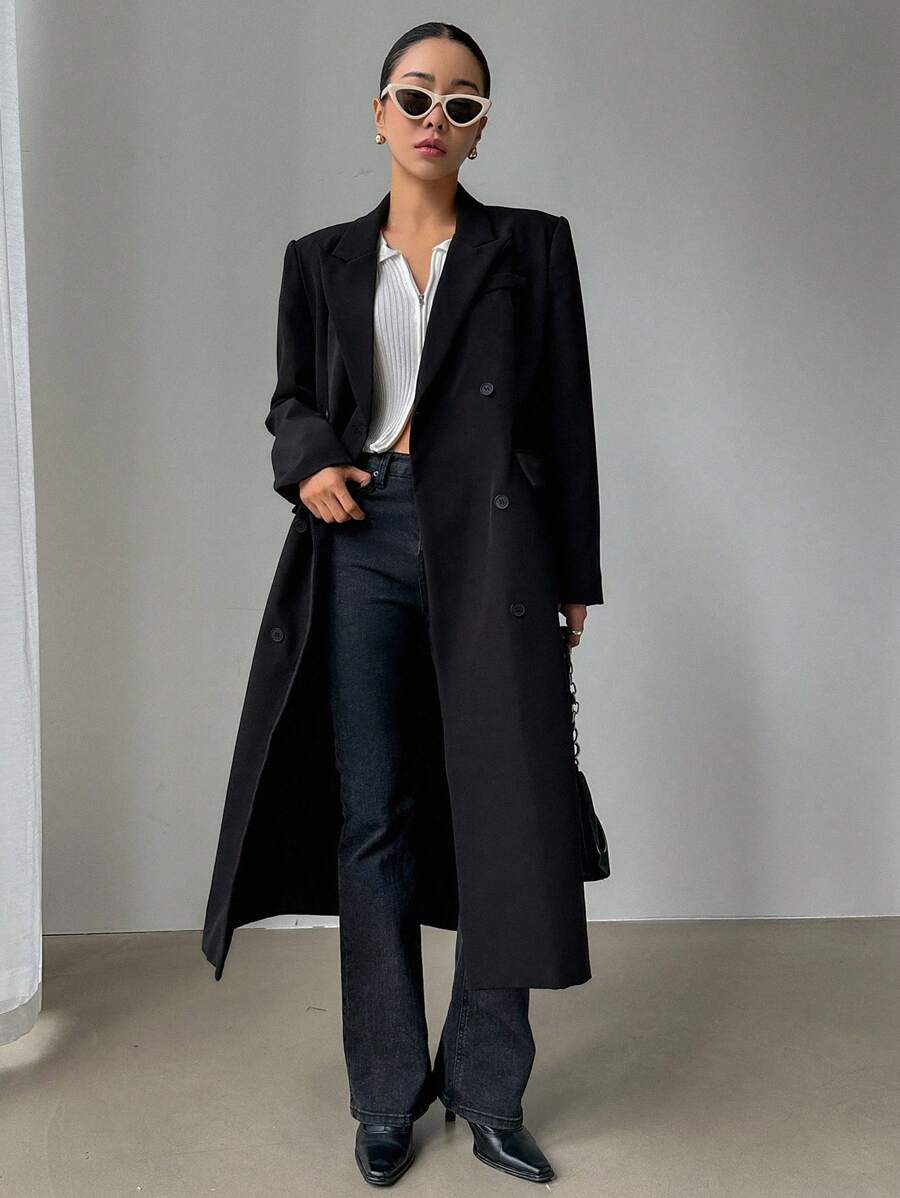 DAZY Lapel Neck Double Breasted Belted Longline Coat - Black - View 1