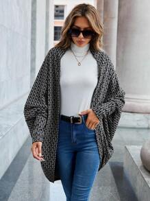 SHEIN LUNE 滿版印花蝙蝠袖開門襟外套 - 黑色 - 查看 1