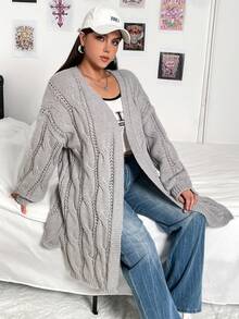 Calvaya Plus Drop Shoulder Open Front Cable Knit Cardigan - White - View 6