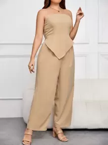 SHEIN Frenchy Plus Solid Tube Top & Wide Leg Pants & Shawl Collar Blazer - Apricot - View 2