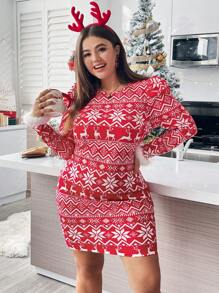 SHEIN Essnce 大碼聖誕圖案羊腿袖拼接毛茸茸袖口緊身洋裝 - 彩色 - 查看 5