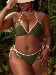 SHEIN Swim Curve Plus對比邊繫頸三角泳衣套裝 - 綠色 - 查看 2