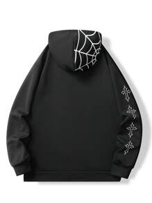 Manfinity EMRG 宽松男士字母图案拉链开合连帽夹克带抽绳，外出时尚长袖轻便夹克，适合朋友、丈夫、男朋友的礼物 - 黑色 - 查看 2