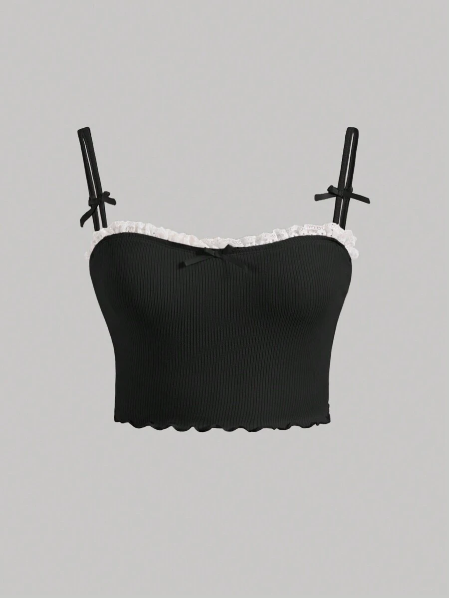 SHEIN MOD 大碼蕾絲拼接吊帶上衣 - 黑色 - 查看 1