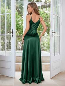 MUXXN Satin Slit Dress, Elegant For Gala, Wedding Guest, Graduation Ceremony, Formal Dinner, Party And Other Occasions - Dark Green - View 2