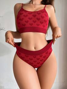 Yoga Heart Print Bra & Panty Lingerie Set Bridal Lingerie, Christmas - Red - View 6