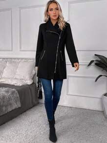 SHEIN LUNE Waterfall Collar Zip Up Overcoat - Black - View 5