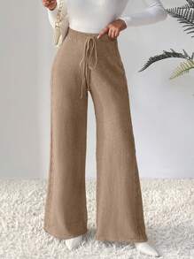 SHEIN Frenchy Drawstring Waist Wide Leg Knit Pants - Camel - View 3