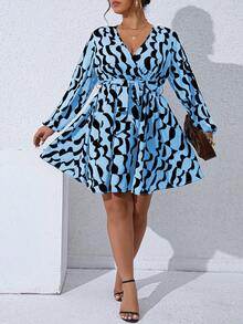 Celure Plus Allover Print Surplice Neck Belted Dress - Baby Blue - View 3