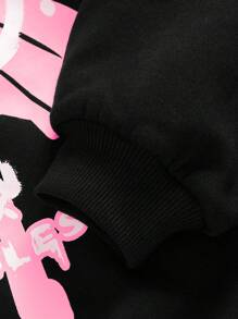 SHEIN 女大童卡通圖案落肩袖運動衫 - 黑色 - 查看 3