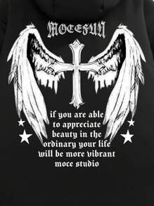 Men Letter Cross Graphic Flap Pocket Drawstring Hem Hooded Padded Coat - Black - View 4