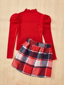 SHEIN 青少年女孩立领羊腿袖 T 恤和格子印花束带裙，适合圣诞节穿着 - 彩色 - 查看 2